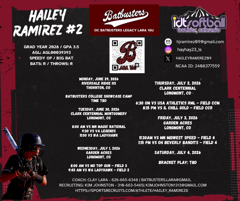 HaileyRamirez09's tweet photo. IDT in Longmont, CO from 6/29-7/5! 

Excited to compete this summer! 

@OcbatbustersL @Lifesapitch13 @DirectRecruits @SBRRetweets https://t.co/BlYmEc198N