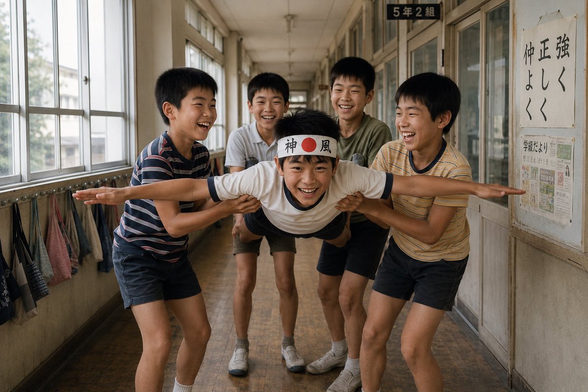 fratoko's tweet photo. 40年くらい前の小学5〜6年生の頃、画用紙で作った神風の鉢巻を頭に巻いた子を数人の男子で担ぎ上げて廊下を走り回る「特攻隊ごっこ」が一瞬流行ったことがあって、ほどなく女の先生から烈火の如く怒られて禁止されたんだけど、あの先生も日教組だったんだろうか。 https://t.co/hjkgeTeS8e