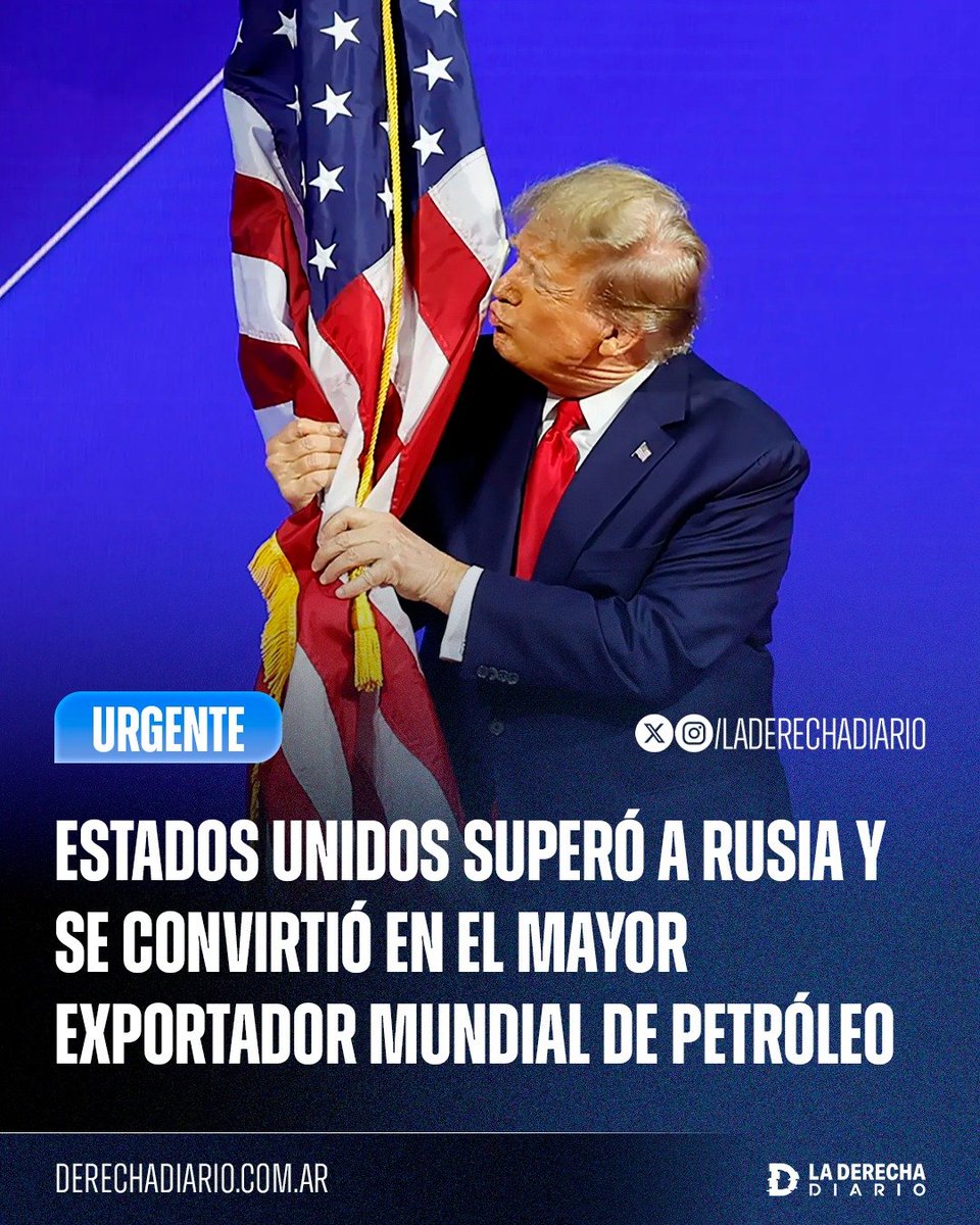 laderechadiario's tweet photo. 🚨🇺🇸🇷🇺 | EFECTO TRUMP: Estados Unidos superó a Rusia y se convirtió en el mayor exportador de petróleo del mundo, alcanzando los 10,5 millones de barriles diarios entre crudo y combustibles refinados.

El récord fue impulsado por el auge de la producción estadounidense, que se vio favorecida por las sanciones contra Rusia y las disrupciones en las exportaciones de otros grandes productores, consolidando a Estados Unidos como la principal potencia energética del planeta.