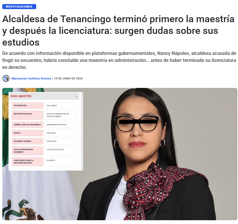 emeequis's tweet photo. De acuerdo con información disponible en plataformas gubernamentales, Nancy Nápoles, alcaldesa acusada de fingir su secuestro, habría concluido una maestría en administración… antes de haber terminado su licenciatura en derecho.

 https://t.co/Dnqfl5Y3hF https://t.co/CkIcifeDwA