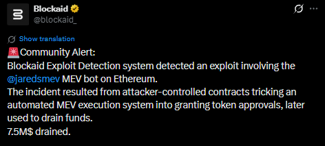 WuBlockchain's tweet photo. Ethereum's Well-Known MEV Bot JaredFromSubway Exploited, Suffers $7.5 Million Loss  

Blockchain security firm Blockaid reported that Ethereum MEV bot JaredFromSubway lost approximately $7.5 million after attacker-controlled contracts tricked its automated execution system into granting token approvals. The attacker later used the remaining allowances to drain WETH, USDC and USDT from the bot. Blockaid said the incident was not a phishing attack or smart-contract vulnerability, but an exploitation of the bot’s automated MEV opportunity detection and approval mechanism.