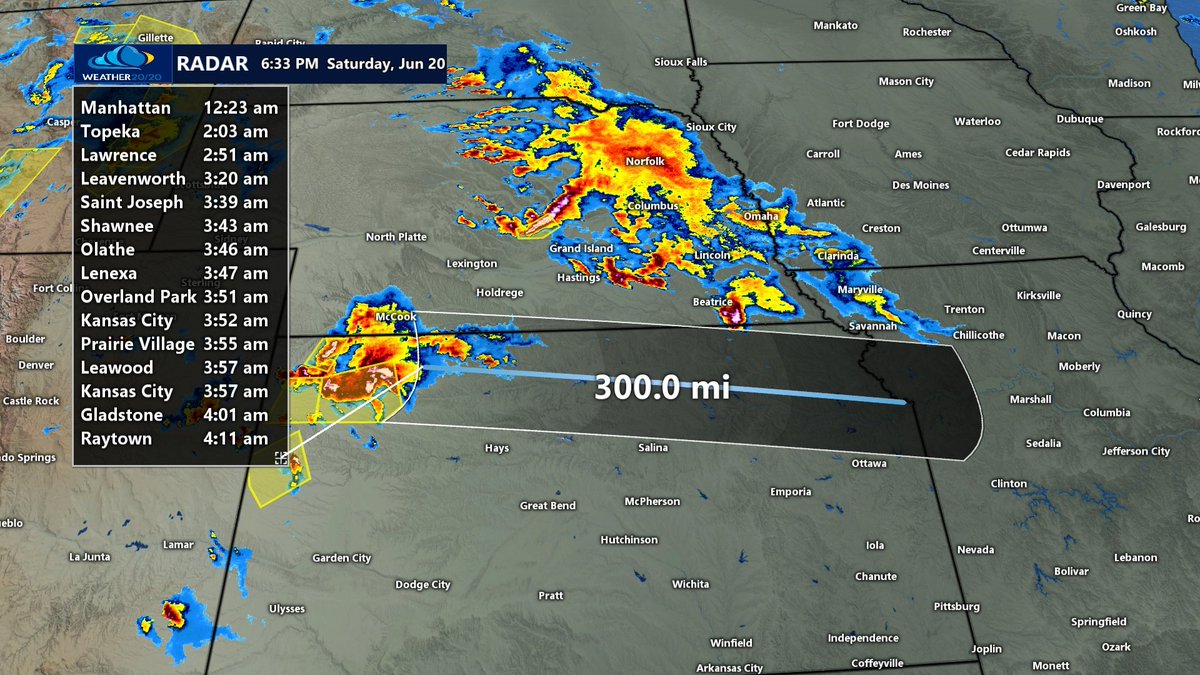 glezak's tweet photo. Good Saturday evening!  Summer officially begins tomorrow, and it may start with some loud rumbles of thunder, heavy rainfall, and even a few severe thunderstorms.
Right now, intense thunderstorms are developing across northwestern Kansas, about 300 miles from Kansas City. These thunderstorms are not expected to impact the KC metro until well after midnight, with the greatest chance for thunderstorms arriving during the early morning hours Sunday.  A separate area of thunderstorms will track across northern Missouri this evening and could produce very heavy rainfall before midnight.
The primary severe weather threat overnight will be damaging wind gusts, although locally heavy rain and frequent lightning are also possible.
I'll be tracking the storms throughout the night, so let me know if you have any questions.
#SevereWeather #KCWeather #KSWX #MOWX #Summer