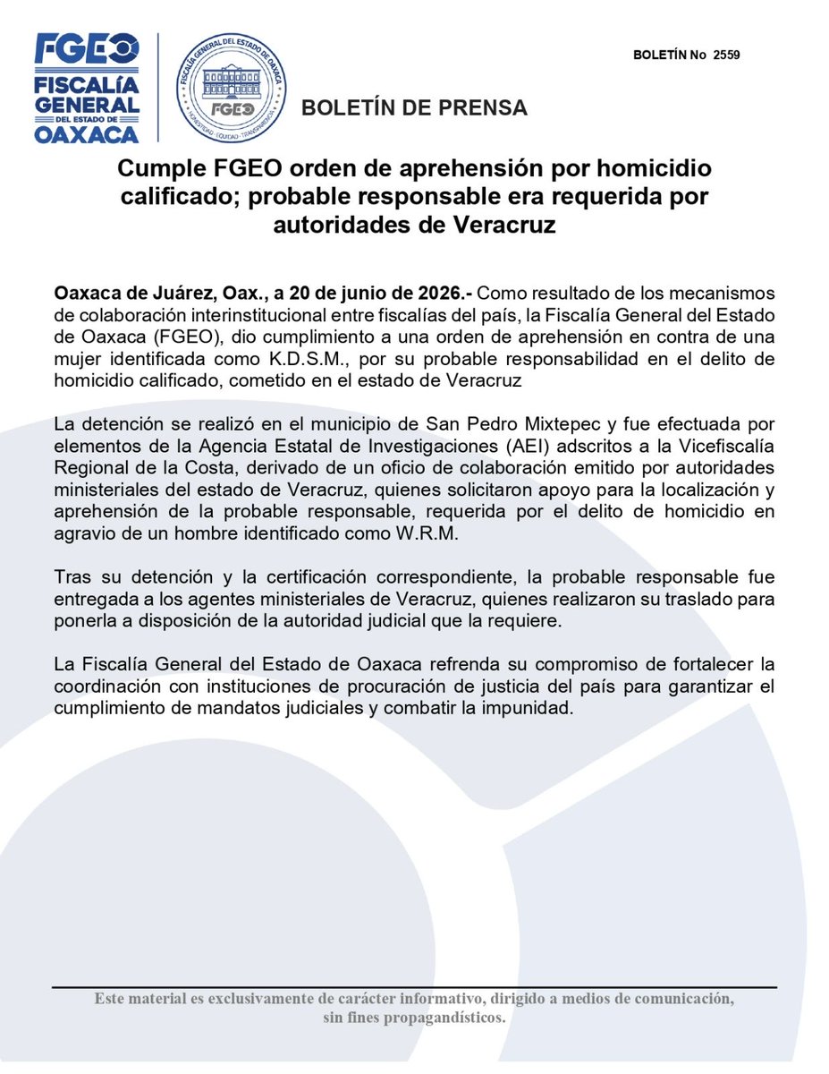 Independient_Tv's tweet photo. Cumple @FISCALIA_GobOax orden de aprehensión por homicidio calificado; probable responsable era requerida por autoridades de Veracruz.
#Oaxaca https://t.co/pYVDMvEmw2