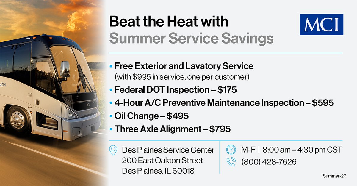 MCIcoach's tweet photo. 🌡️ Summer is heating up, your fleet shouldn’t be.

Take advantage of our Summer Service Promo at MCI Des Plaines.

📍 Book your service today: https://t.co/30mpHdg6yQ

#MCICoach #DesPlainesIL #SummerReady #Motorcoach https://t.co/HUZMfd0R1s