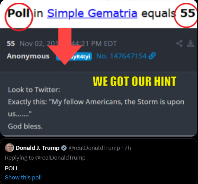 SantaSurfing's tweet photo. @realDonaldTrump Looks like we got our Hint /Tweet! 🔥🔥
Gematria 
POLL = 55
Q55 
🔥🔥🔥🔥🔥🔥🔥🔥 https://t.co/8tZs372uaT