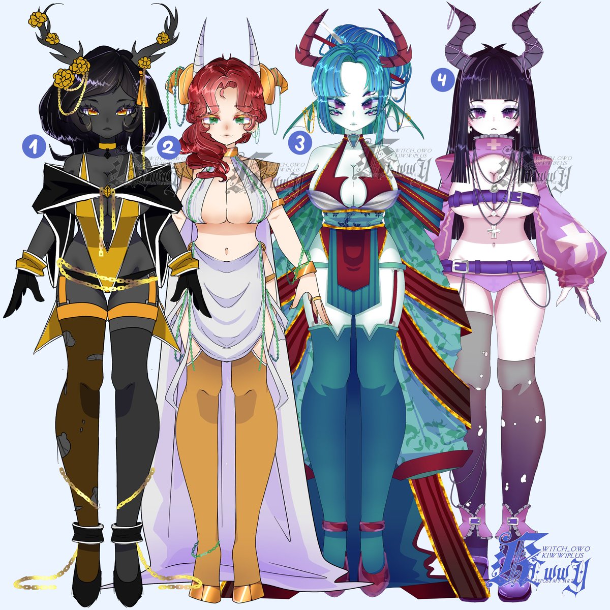 witch_owo's tweet photo. ݁ ˖Ი𐑼⋆
⤷ ゛D E M O N   G I R L S   A D O P T S :  ˎˊ˗

಄ Price 1 &amp; 2: $25 USD each
಄ Price 3 &amp; 4: $75 USD each
಄ Monetization: Included 

⤷ ゛I N C L U D E S :  ˎˊ˗
಄ White &amp; transparent background PNG files

Details on my VGen ↓↓ >⩊<

#adoptable #ocdesign #openadopt https://t.co/fXM0MPayqm