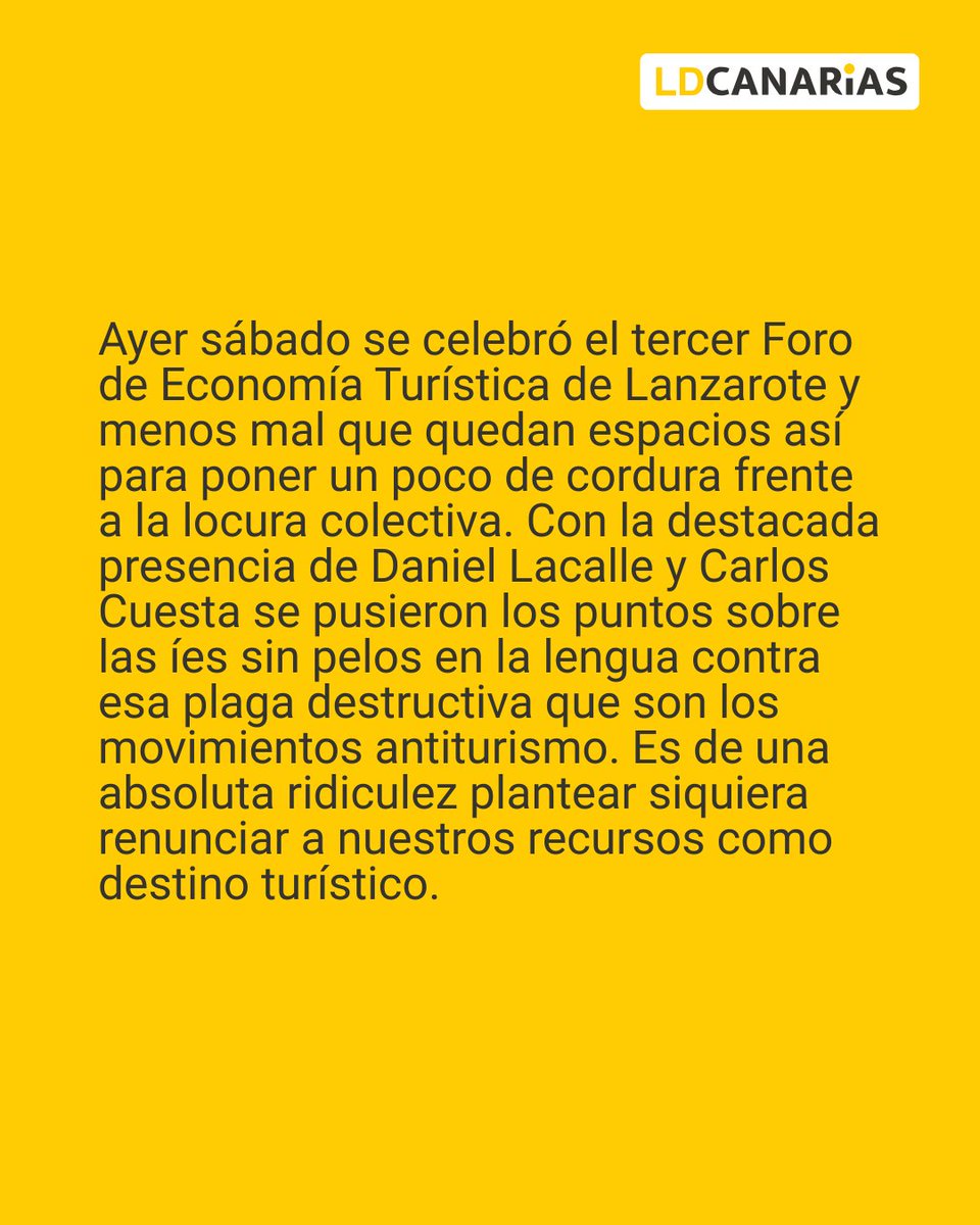 LDCanarias's tweet photo. #Editorial | El buenismo suicida Antiturismo

El III Foro de Economía Turística de Lanzarote dejó claro algo evidente: si un recurso no se utiliza, deja de ser un recurso. La memoria de las generaciones canarias que solo conocieron hambre y miseria basta para desmontar el buenismo antiturismo. El verdadero problema de la vivienda no está en quien nos visita, sino en una clase política mediocre incapaz de entender principios económicos básicos.

✍️ Escrito por Gonzalo Castañeda
🔗 Noticia completa en el link de bio.