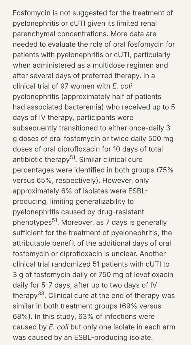 ABsteward's tweet photo. IDSA AMR guidance and IDSA cUTI guidelines didn't add citations 
"Fosfomycin is not suggested for the treatment of pyelonephritis or cUTI given its limited renal parenchymal concentrations. More data are needed to evaluate the role of oral fosfomycin for patients with pyelonephritis or cUTI, particularly when administered as a multidose regimen and after several days of preferred therapy"
More data are needed? with 2 new RCTs a total of 6 now this might change!