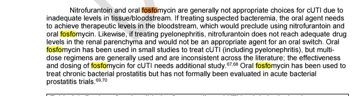 ABsteward's tweet photo. IDSA AMR guidance and IDSA cUTI guidelines didn't add citations 
"Fosfomycin is not suggested for the treatment of pyelonephritis or cUTI given its limited renal parenchymal concentrations. More data are needed to evaluate the role of oral fosfomycin for patients with pyelonephritis or cUTI, particularly when administered as a multidose regimen and after several days of preferred therapy"
More data are needed? with 2 new RCTs a total of 6 now this might change!