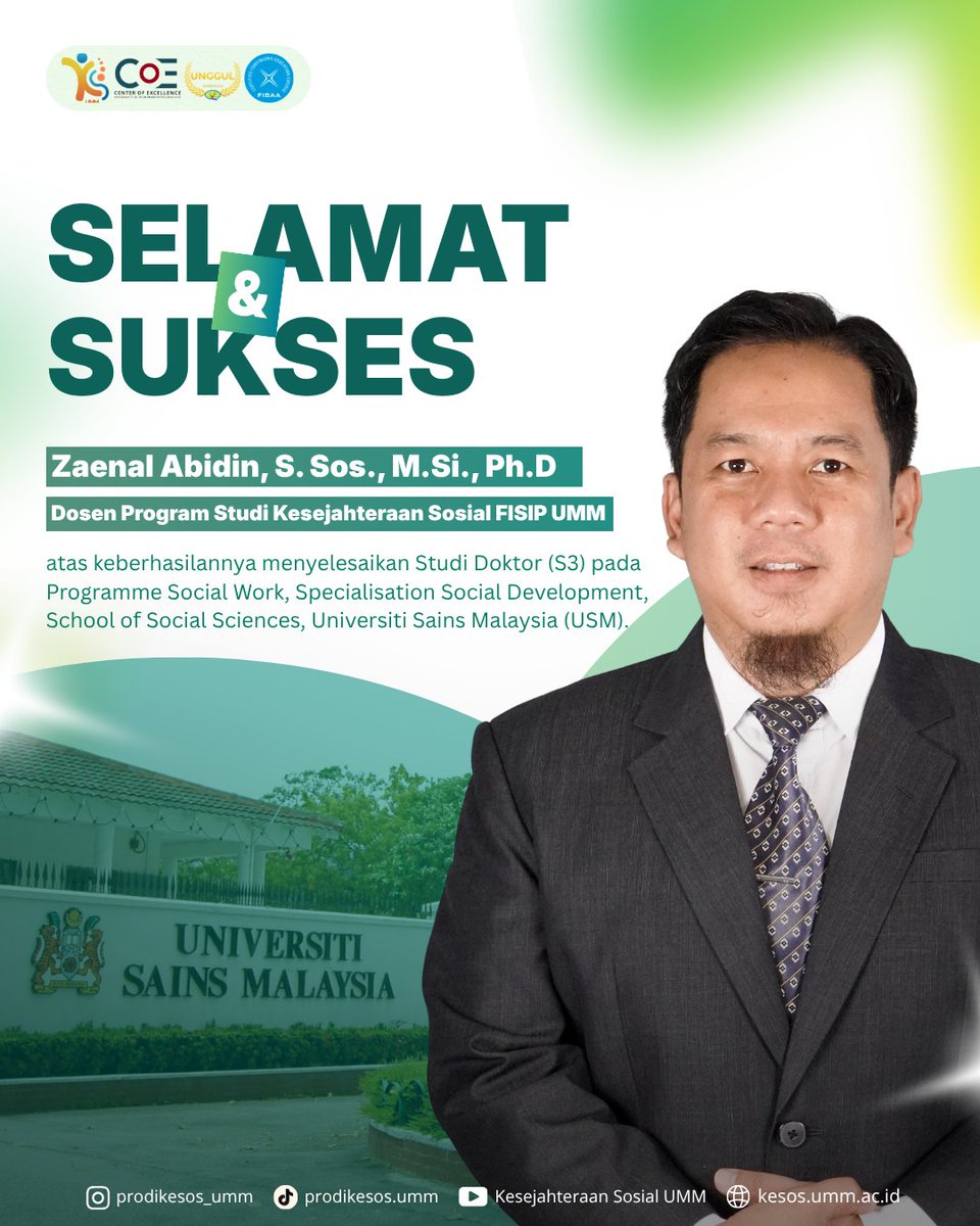 prodikesos_umm's tweet photo. 🎓 Selamat dan Sukses

Selamat kepada Bapak Zaenal Abidin, S.Sos., https://t.co/2YlNZS6Zgf., Ph.D atas keberhasilannya menyelesaikan Studi Doktor (S3) di bidang Social Work dengan peminatan Social Development di Universiti Sains Malaysia (USM).
#SocialWork #FISIPUMM #InfoDosen https://t.co/hJ9RazdffE