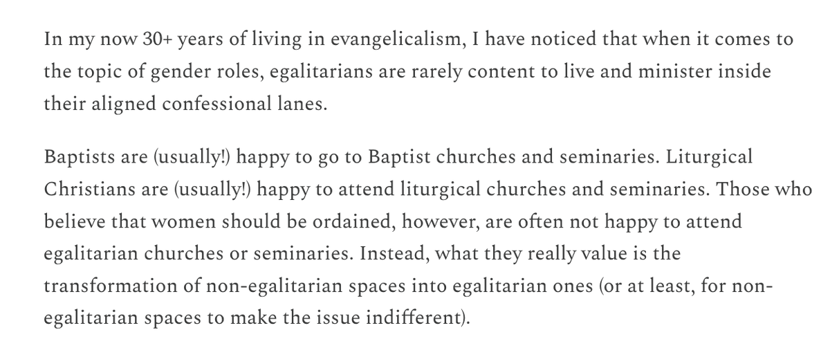 Digitalliturgy's tweet photo. Part of what's going on inside the SBC re: women in ministry is the ongoing restlessness of evangelical egalitarians, who seemingly value the transformation of non-egalitarian spaces more than the fellowship and fruitfulness of being in a tradition they agree with: https://t.co/l8sqLBrV1Z