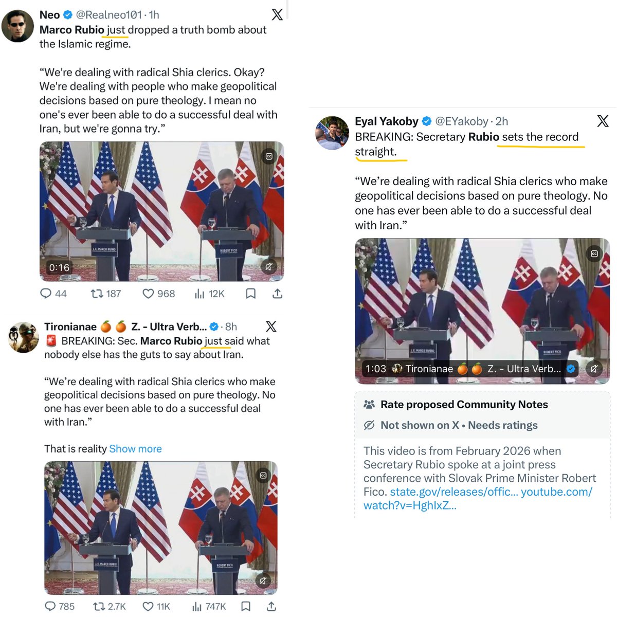 alexbruesewitz's tweet photo. Why are so many accounts reposting the exact same @marcorubio video from last February while presenting the comments as if they’re brand new? 

This looks highly coordinated and deliberately misleading.

What’s the purpose of this? 🤔 https://t.co/aVksRAFIuT