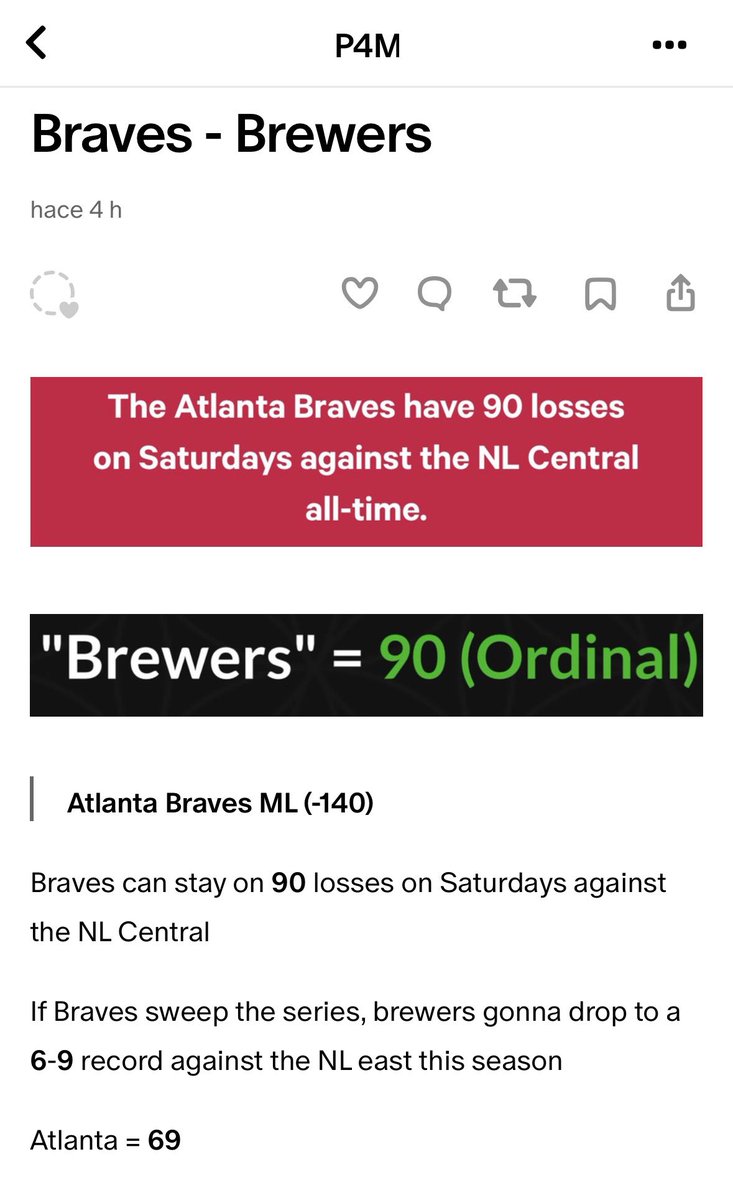 P4MBETS's tweet photo. #BravesCountry 

Atlanta Braves ML (-140) ✅

#Gematria 🔢 https://t.co/ioLCmnKtmL