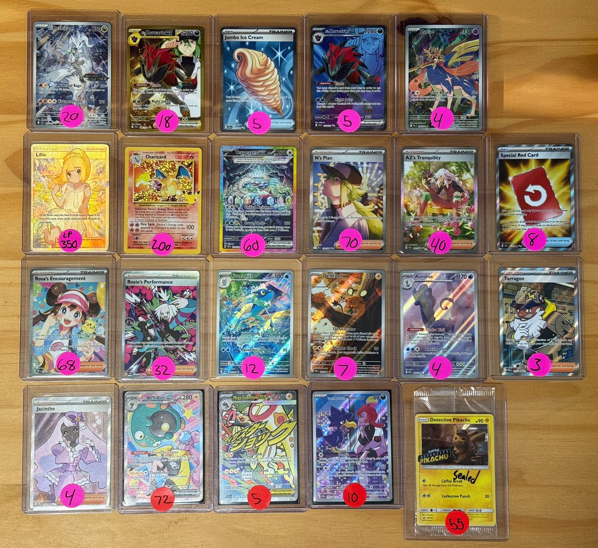 StevenxTCG's tweet photo. Small batch of singles for sale. Shipping is $5 bmwt or $1 pwe (up to three cards)

Prices are on the stickers, all cards are NM except for the Ultra Prism Lillie (lp) https://t.co/Af5slDibfR