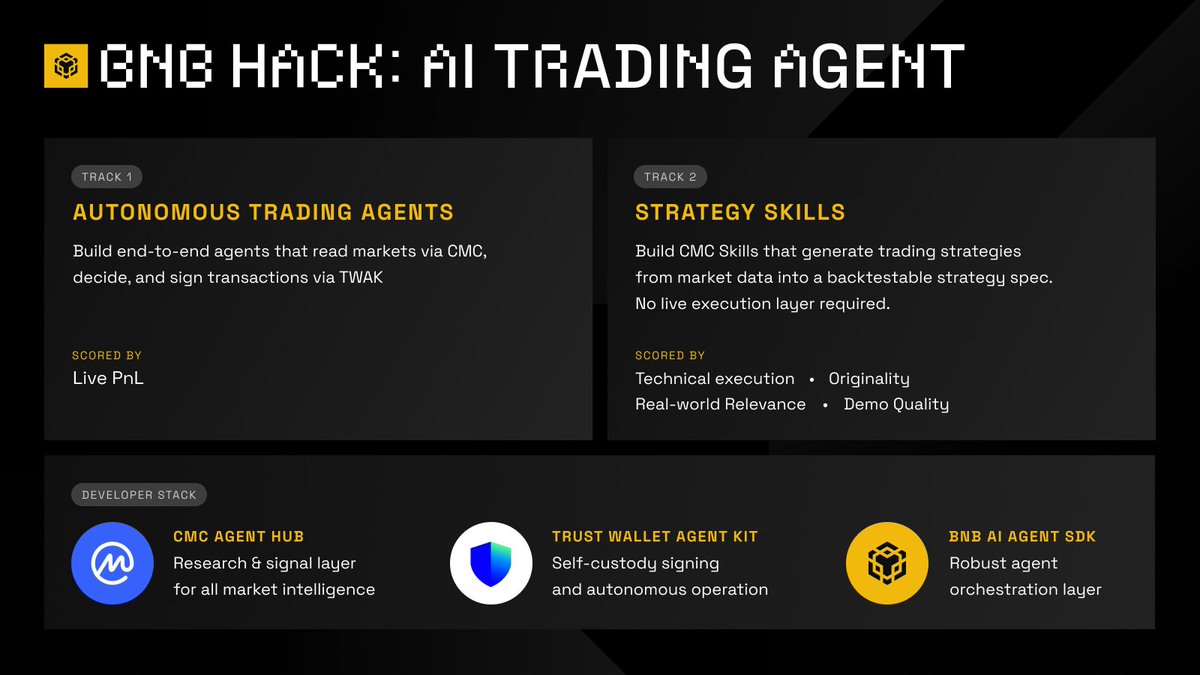 BNBChainDevs's tweet photo. Build week for BNB Hack closes today at 12:00 UTC.

This is your last window to get your agent or strategy skill in. Over 400 hackers made it this far, so finish what you started.

Submit before the clock runs out 👇
https://t.co/I8Aai4ztV1 https://t.co/Yz2g4V9Iqr