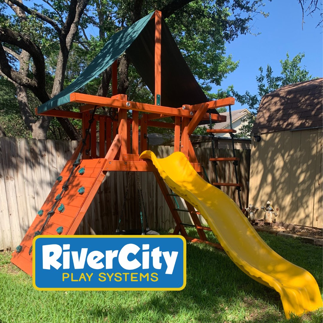 RiverCityPlay's tweet photo. The perfect "small yard, big fun" swing set for your backyard! Call us at (210) 920-6953 to order. https://t.co/L3YZAJAba3