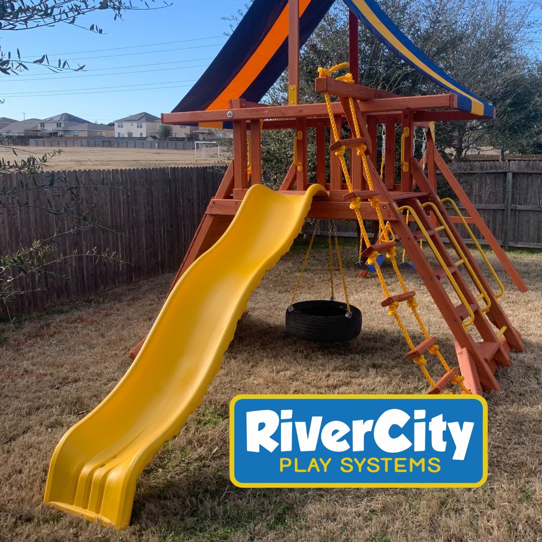 RiverCityPlay's tweet photo. The perfect "small yard, big fun" swing set for your backyard! Call us at (210) 920-6953 to order. https://t.co/L3YZAJAba3
