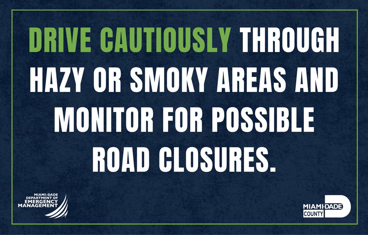 MiamiDadeEM's tweet photo. Smoke from nearby brush fires can reduce visibility on area roadways, sometimes with little warning.

If you encounter smoky conditions while driving:
• Slow down and increase following distance.
• Use your low-beam headlights.
• Avoid sudden stops or lane changes.
• Keep windows closed and set your A/C to recirculate.
• If visibility becomes severely limited, safely pull off the roadway and wait for conditions to improve.

Stay alert, allow extra travel time, and check road conditions before heading out. For real-time traffic updates, visit https://t.co/yJcI3rHQro.