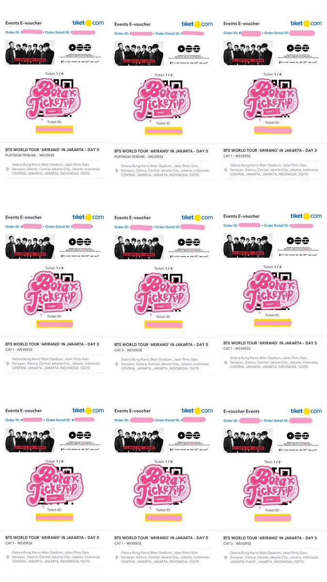 boraticketrip's tweet photo. — BTS WORLD TOUR “ARIRANG” IN JAKARTA ˖𓍢ִ໋✧˚.🎀༘⋆

Weverse Presale

Day 3
💗VIP - 8 Tickets
💗 Platinum Floor - 5 Tickets
💗 Platinum Tribune - 22 Tickets
💗CAT 1 - 20 Tickets
💗CAT 3 - 6 Tickets

TOTAL 61 TICKETS✨

*not for sale

#BoraTicketing https://t.co/uxw8sV1G1J