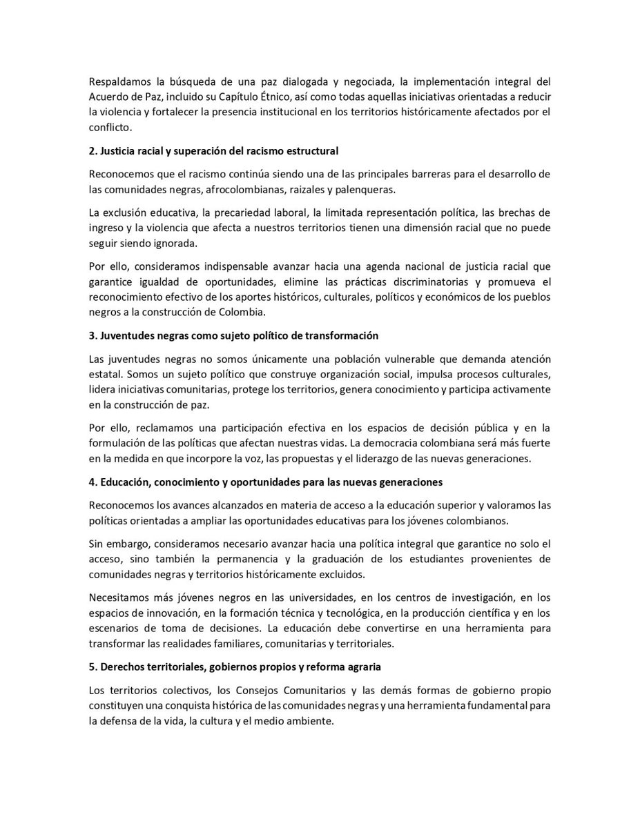 YeiMosquera's tweet photo. Carta de respaldo de la juventudes negras, afrocolombianas, raizales y palenqueras a la candidatura de Iván Cepeda y Aída Quilcue.

Más de 200 jóvenes negros de distintas partes del país: desde el Pacífico hasta el Caribe hemos decidido respaldar esta apuesta por la vida https://t.co/jcR0wNmHI5