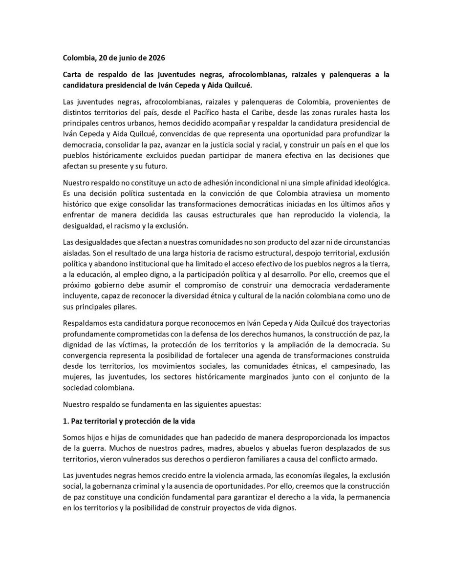 YeiMosquera's tweet photo. Carta de respaldo de la juventudes negras, afrocolombianas, raizales y palenqueras a la candidatura de Iván Cepeda y Aída Quilcue.

Más de 200 jóvenes negros de distintas partes del país: desde el Pacífico hasta el Caribe hemos decidido respaldar esta apuesta por la vida https://t.co/jcR0wNmHI5