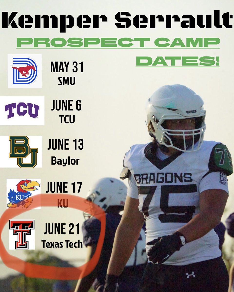 kemper_2030's tweet photo. Final camp of the summer. Can’t wait to compete at @TexasTechFB camp tomorrow. #WreckEm #GunsUp 🤞🏼

@JoeyMcGuireTTU @ShielWood @CoachRGreene @CoachJaye__ @JMunizHayes @b_kimberling2 @CoachTeachey1 @colemaxwell33 @coachfreddiej https://t.co/hvVDq1Yd67