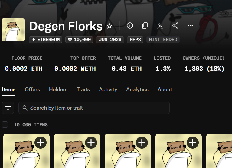 Cryptoorro's tweet photo. Degen play! 

@Degenflorks 

I missed the Mint, but I got some. https://t.co/JeGqSkTD1S