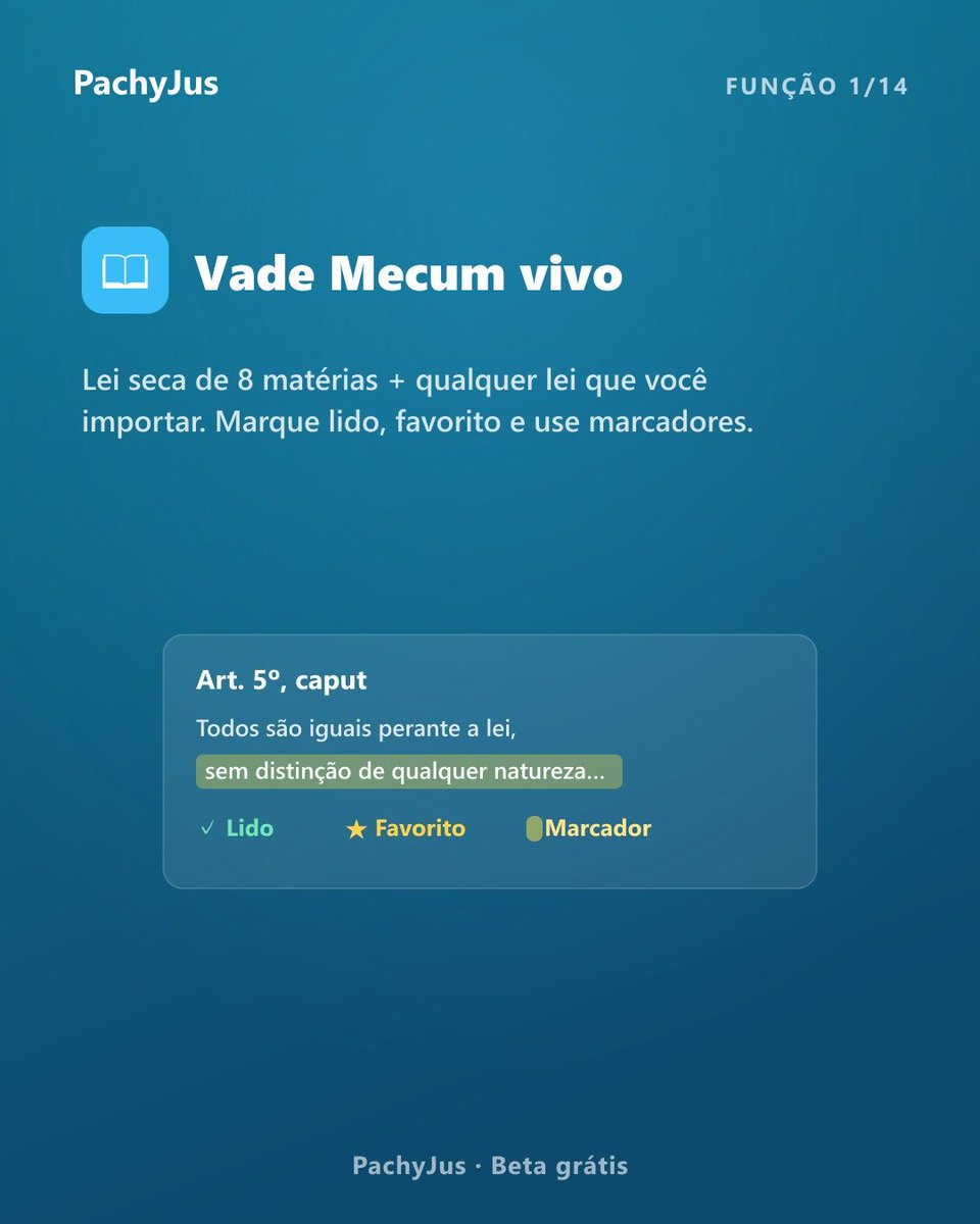 pachyjus's tweet photo. Esqueça anotações bagunçadas. No PachyJus, seu estudo é dinâmico e focado em reter conteúdo:

📖 Vade Mecum Vivo: Leitura otimizada das principais matérias com marcadores e grifos.

📝Caderno Automático: Anote em qualquer artigo e tudo se organiza sozinho por lei e em ordem!

⬆️ Importe Leis: Adicione qualquer norma do edital na hora. (2/5)