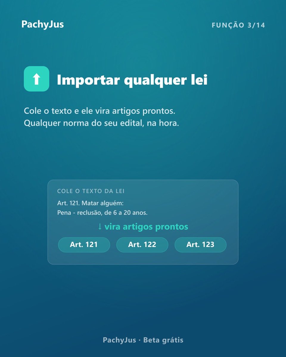 pachyjus's tweet photo. Esqueça anotações bagunçadas. No PachyJus, seu estudo é dinâmico e focado em reter conteúdo:

📖 Vade Mecum Vivo: Leitura otimizada das principais matérias com marcadores e grifos.

📝Caderno Automático: Anote em qualquer artigo e tudo se organiza sozinho por lei e em ordem!

⬆️ Importe Leis: Adicione qualquer norma do edital na hora. (2/5)