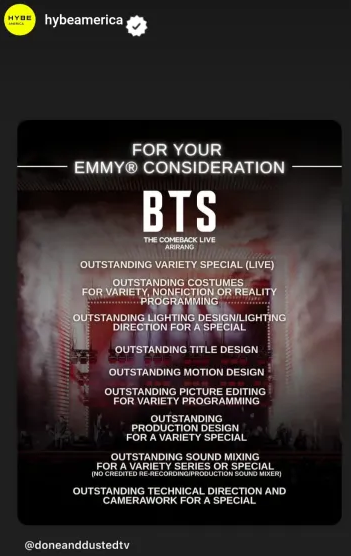thracia776_bts's tweet photo. 📢HYBEが、Netflix「BTS THE COMEBACK LIVE ARIRANG」を、エミー賞（米TV業界で最も権威ある賞の１つ）の9部門に、審査対象として申請しました！
#Emmys2026 #BTSTheComebackLive #Netflix

正式ノミネートされるためにはリポストだけでなく、ハッシュタグや公式素材を使い、各部門に関連した内容でこの作品の質の高さを語ることが重要です。ARMY、ファイティン！

最優秀バラエティ・スペシャル（ライブ）部門
最優秀バラエティ・ノンフィクション・リアリティ番組衣装部門
最優秀スペシャル番組照明デザイン／照明演出部門
最優秀タイトルデザイン部門
最優秀モーショングラフィックス・デザイン部門
最優秀バラエティ番組映像編集部門
最優秀バラエティ・スペシャル番組美術デザイン部門
最優秀バラエティ・シリーズまたはスペシャル番組音響ミキシング部門
（再録音・制作サウンドミキサーのクレジットなし）
最優秀スペシャル番組技術演出・カメラワーク部門

https://t.co/ZNf8ldLdAv
