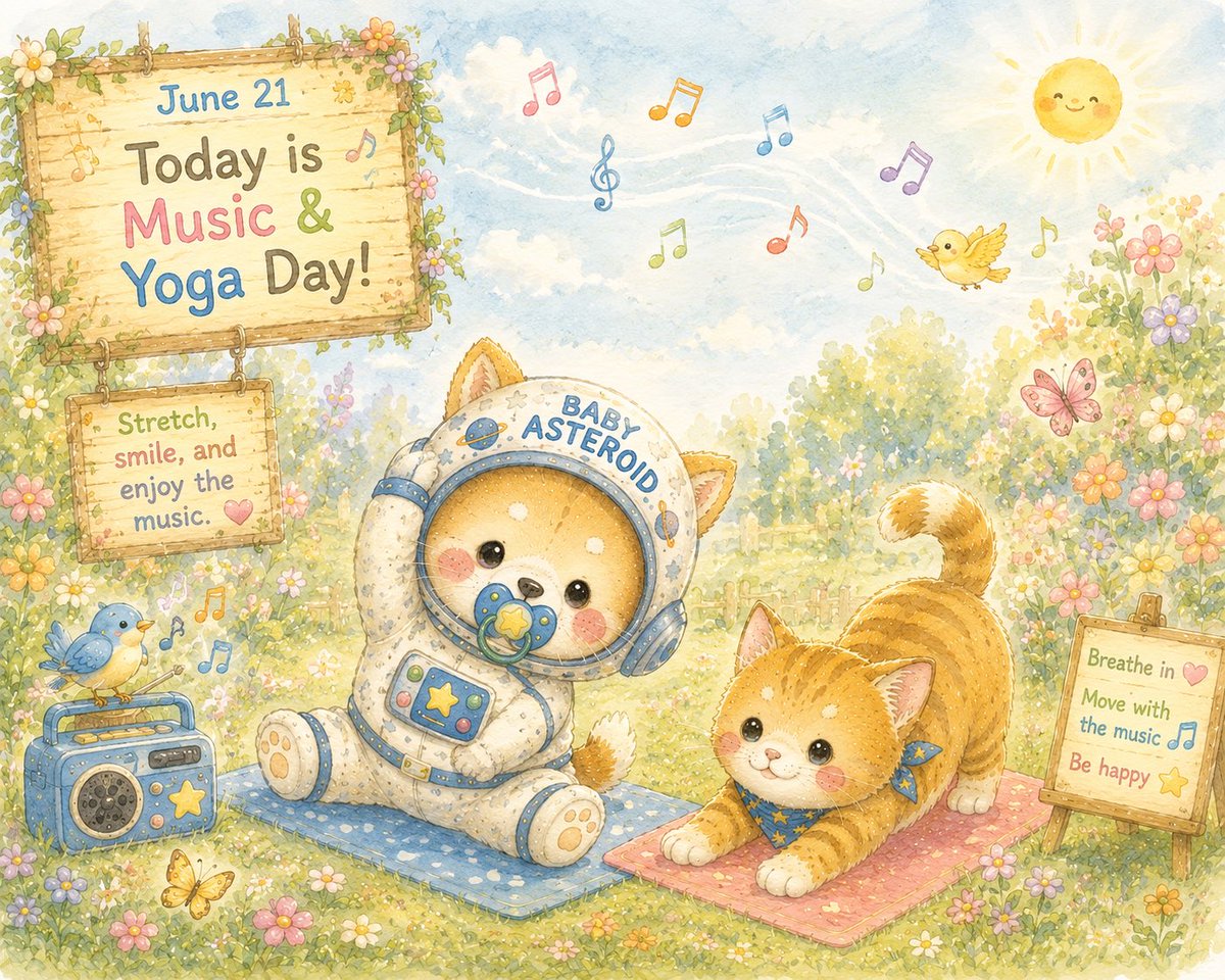 OG_BABY_BSC's tweet photo. 📅 June 21

Today is Music &amp; Yoga Day! 🎵🧘

Stretch, smile, and enjoy the music. 💛

The sun is shining,
the flowers are blooming,
and today feels beautiful already. 🌼☀️✨

#BABYASTEROID #MusicAndYogaDay #StorybookArt https://t.co/h7T3bGCU3w