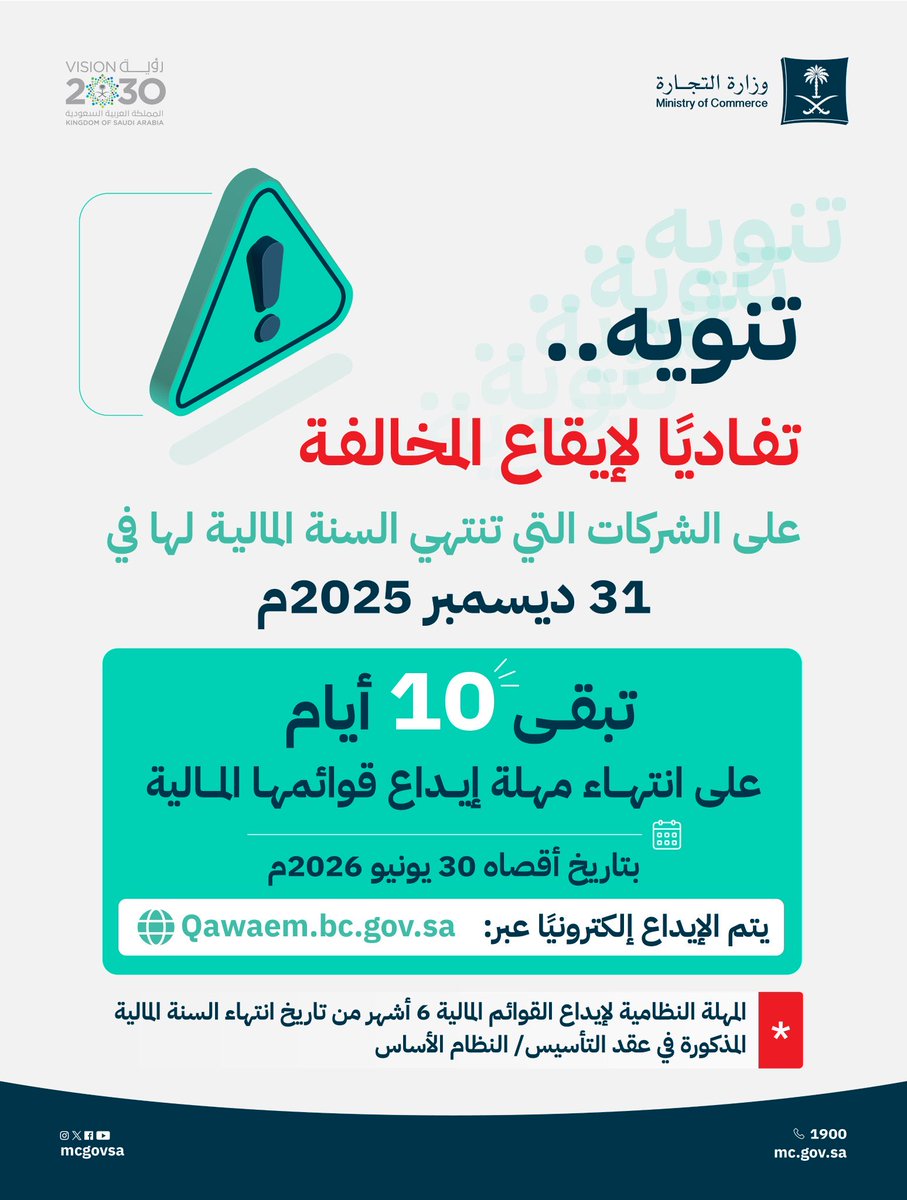 iMalroqe's tweet photo. ⚠️ | تنويه للشركات التي تنتهي سنتها المالية في 31 ديسمبر 2025م

تبقّى 10 أيام على انتهاء مهلة إيداع القوائم المالية

يتم الإيداع إلكترونياً عبر: https://t.co/Vd9GwNPz7P

🔻آخر يوم تنقضي فيه المدة النظامية لإيداع القوائم المالية: 30 يونيو 2026م. https://t.co/hIs3io3293