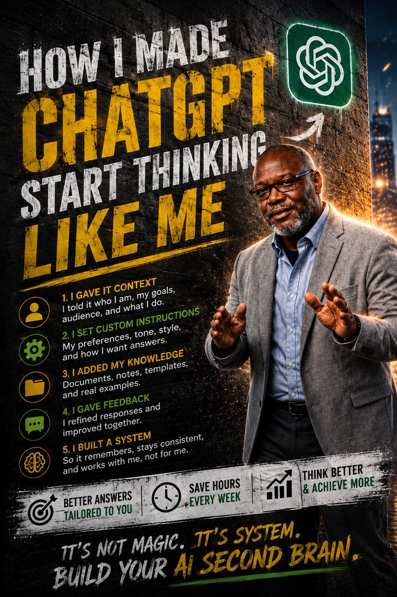 Skilldential's tweet photo. How I Made ChatGPT Start Thinking Like Me

Most people use ChatGPT like Google.

They open a new chat, ask a question, get an answer, then repeat the same process the next day.

I used to do the same.

Then I realized something:

The better ChatGPT understands you, the better it can help you.

Instead of asking random questions every day, I started building a system that gave ChatGPT the context it needed to think more like I do.

Here's exactly what I changed.

1. I Told ChatGPT Who I Am

I didn't expect great answers without providing a background.

I shared information such as:

• My profession and areas of expertise.
• My website and brand.
• My target audience.
• My goals.
• The type of content I create.
• The tone and writing style I prefer.

Without context, AI can only guess.

With context, it can personalize.

2. I Used Custom Instructions

Rather than explaining my preferences in every conversation, I configured ChatGPT once.

I told it things like:

• Always explain concepts step by step.
• Prioritize accuracy over assumptions.
• Use practical examples.
• Think like an educator.
• Suggest SEO-friendly titles.
• Write for beginners while keeping depth for professionals.

Now every new conversation starts with a better understanding of how I like to work.

3. I Enabled Memory

Whenever appropriate, I allow ChatGPT to remember long-term preferences.

Instead of repeating the same information over and over, it remembers details that help make future conversations more useful.

That saves time and improves consistency.

4. I Stopped Asking Short Questions

Instead of saying:

"Write an article about AI."

I provide context.

For example:

"I'm writing for SkillDential. My audience includes students, job seekers, freelancers, and professionals interested in AI, digital skills, and career growth. Write a comprehensive beginner-friendly guide optimized for search engines."

The difference in quality is huge.

Context creates better output.

5. I Uploaded Relevant Documents

When working on a project, I upload:

• Notes
• Research
• Draft articles
• Templates
• PDFs
• Spreadsheets
• Checklists

This gives ChatGPT the information it needs instead of forcing it to guess.

6. I Created Repeatable Workflows

Rather than starting from scratch every day, I reuse proven prompts for:

• Blog writing
• TikTok content
• Social media posts
• SEO optimization
• Research
• Career guides
• AI tool reviews

The result is faster work and more consistent quality.

7. I Treated ChatGPT Like a Thinking Partner

The biggest change wasn't a setting.

It was my mindset.

Instead of expecting ChatGPT to magically know everything, I learned to provide better context, clearer goals, and constructive feedback.

That's when the responses became dramatically more useful.

Your AI is only as smart as the information you give it.

The goal isn't to make ChatGPT become you.

The goal is to give it enough context that it can consistently help you think, create, and solve problems more effectively.

Question:

What's one thing you wish ChatGPT understood about you without having to explain it every time?

#ChatGPT #ArtificialIntelligence #AITools #Productivity #DigitalSkills