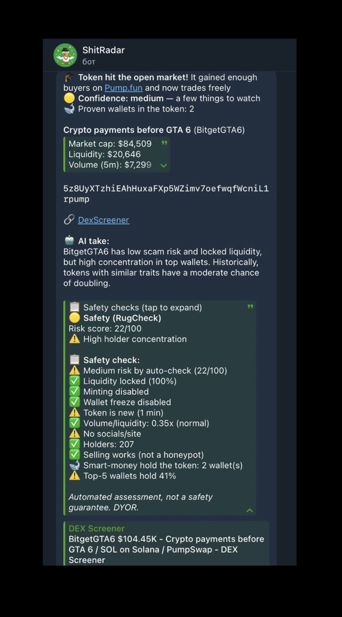 2duckod's tweet photo. GM bros recently got into vibecoding and built a cool little bot — it tracks new tokens on Solana and instantly checks them for rugs, shows a risk rating and whether there's smart money in the coin.
if you're curious — it's ALL FREE come hop in: 
https://t.co/Nac00GDVu6 https://t.co/d1RgicQ0SD