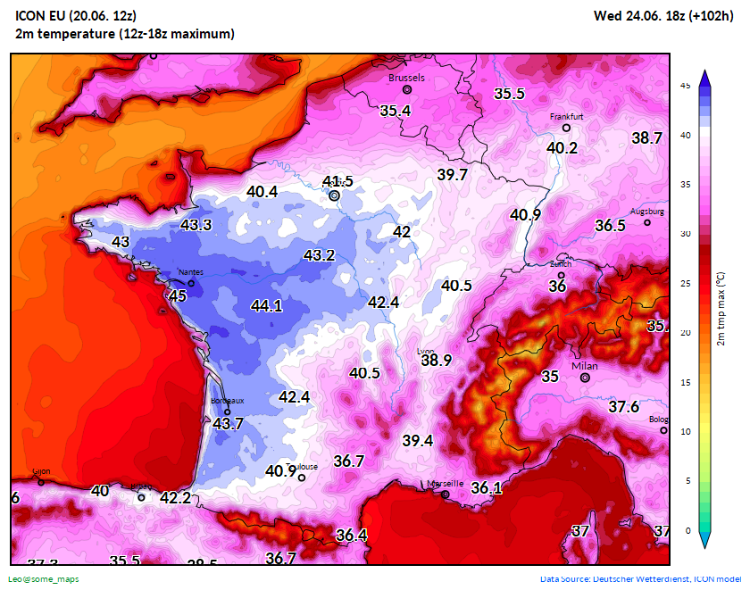 some_maps's tweet photo. Wednesday's 12z-18z maximum temperature, ICON EU model (today's 12z run). The extreme heat patch is a little bit further north west, compared to the 00z run #heatwave #heat #chaleur https://t.co/a4xjPkmu0w