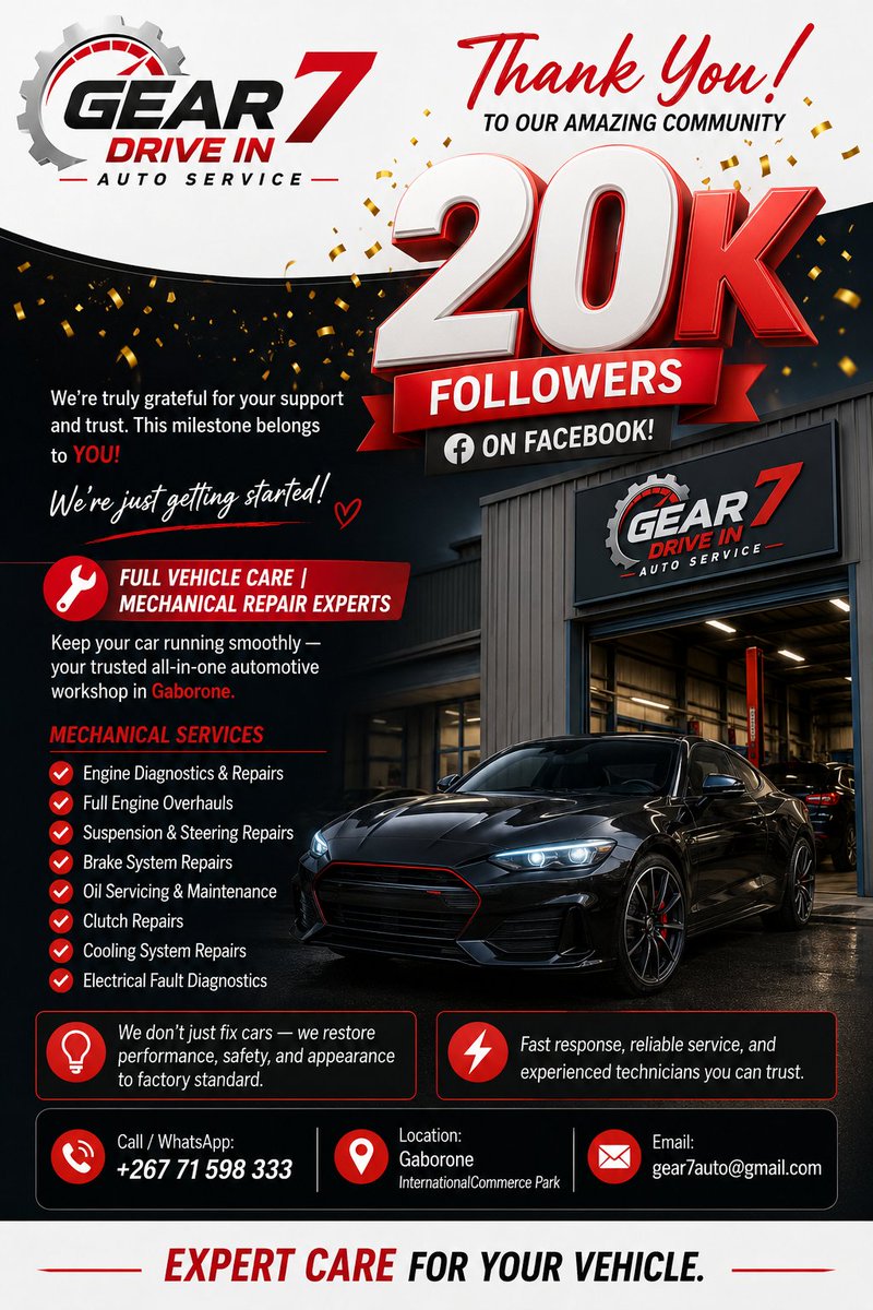 gear7auto's tweet photo. We are just getting started,  We are building something Special.

The Victory belongs to all of you🔥🔥🔥

20k Incredible &amp; Special Followers!

#carservice #carcare #Gaborone #AutoRepair #mechanicalrepairs #BotswanaBusiness https://t.co/dkuM65XTu2