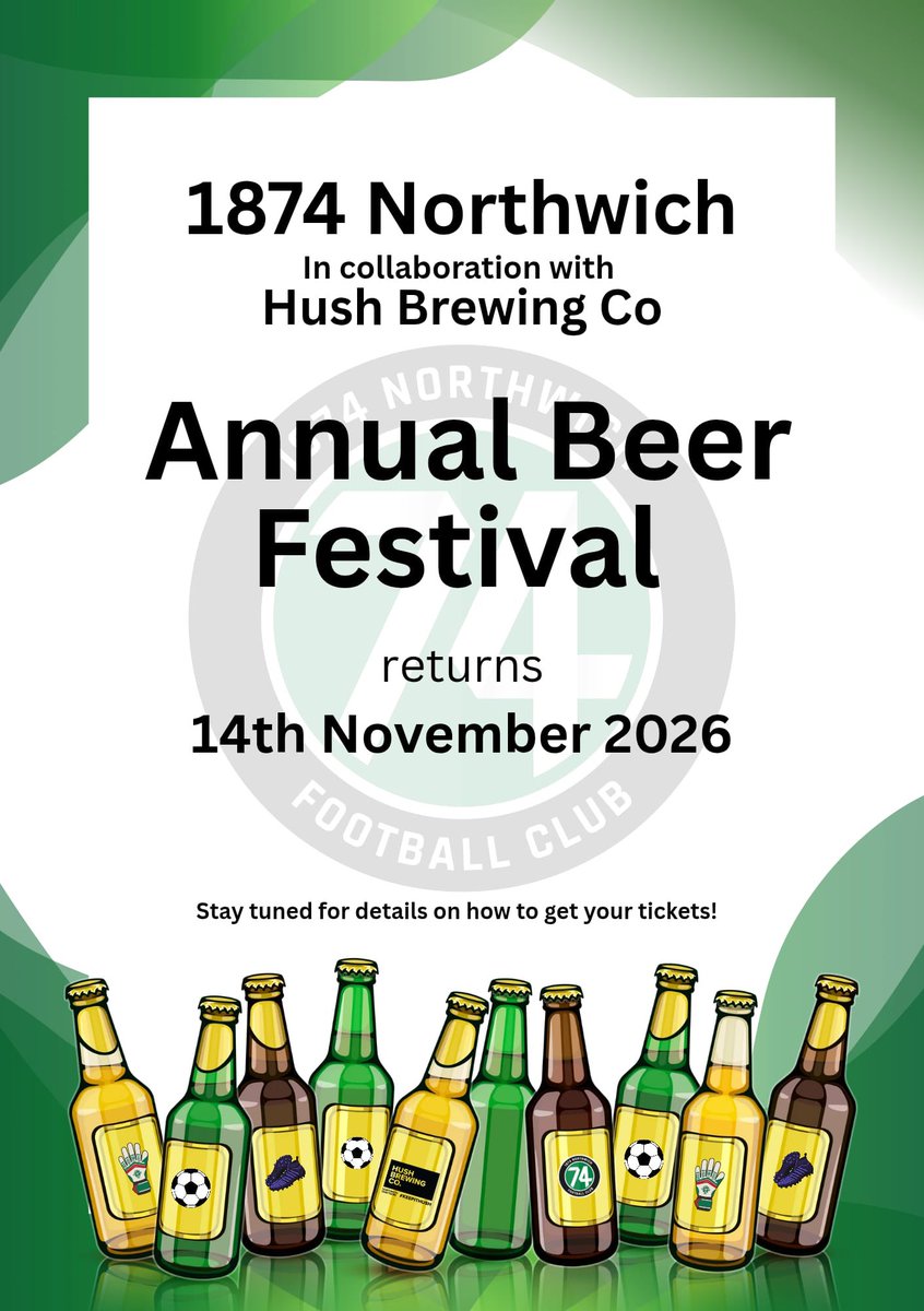 1874Northwich's tweet photo. SAVE THE DATE 🗓️🍻

Our annual beer festival will be back this November, better than ever 🙌

Get it your calender - details on tickets will follow soon 🤝

#WeAre74 https://t.co/rg9DaGd7UW