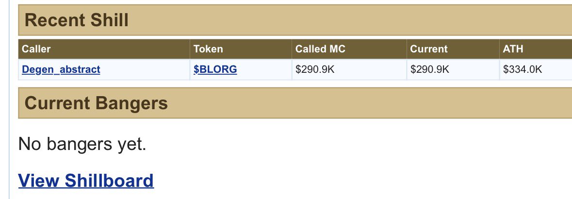 BlorgOnEth's tweet photo. Also keep in mind that any project and person can make an account and shill in our shill board

If the project performs it’s also added to our “Banger” section

This was made by Blorgs and for Blorgs, but also for the rest of the crypto space to utilize

All free to use https://t.co/oSiLQx60Pe