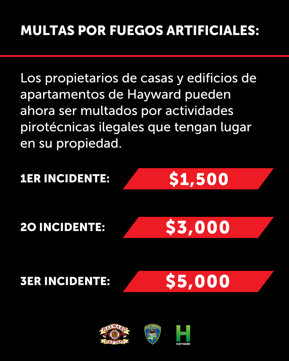 cityofhayward's tweet photo. Todos los fuegos artificiales son ilegales en la ciudad de Hayward y en el distrito de protección contra incendios de Fairview. Deslice para obtener más información sobre las multas del uso ilegal de fuegos artificales.

Learn more: https://t.co/M5qZiwa5wj https://t.co/82Hh9NWve6