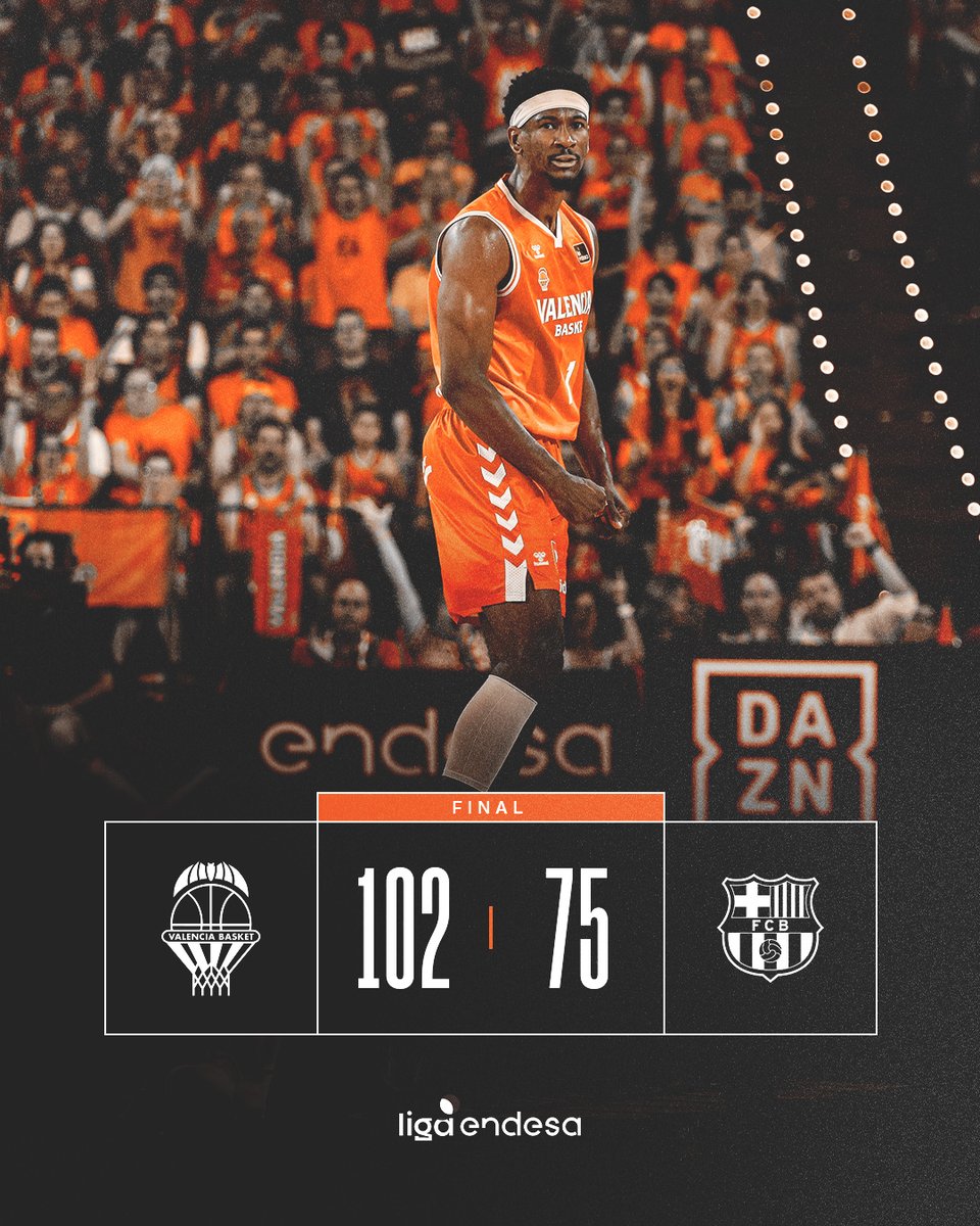 valenciabasket's tweet photo. 🍊1️⃣🆚1️⃣🔵

FINAL EMPATADA 😤
Llarg serà el camí 🚶‍♂️
VAMOOOOOOOOOOOS 🧡

🏆 P1 F #PlayOffLigaEndesa
🟠 @valenciabasket 102
🔵 @FCBbasket 75
🤝 @mgs_seguros 

🔜 Y el lunes, más de 250 taronjas (en 4 buses) rumbo al Palau Blaugrana para el tercer parido 

✅ Partido 4 de la final en Barcelona el miércoles, confirmado