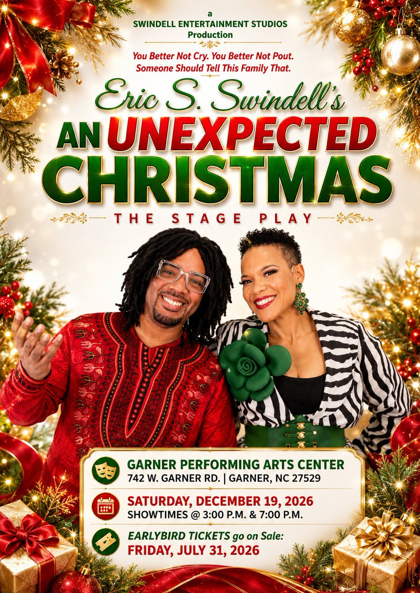 StudiosSwindell's tweet photo. Who's ready for Eric S. Swindell's AN UNEXPECTED CHRISTMAS (Stage Play)?
EARLYBIRD TICKETS go on Sale on Friday, July 31, 2026 at 12:00P.M.
Get Ready to have a Good Time with Abon and Auntie Rose. They are gonna keep you laughing!
•
#Christmas #StagePlay #Highlight #Trending https://t.co/j887Xl5Zgg