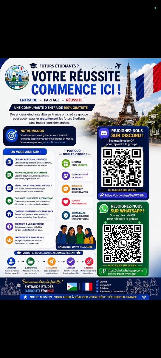DjibStudiaspora's tweet photo. L’association étudiante djiboutienne en #France a le plaisir de vous inviter à découvrir ses activités. Rejoignez une force collective: des étudiants expérimentés se mobilisent pour offrir leur soutien,leur solidarité et tous les renseignements nécessaires aux nouveaux arrivants. https://t.co/rWY5uG75VO