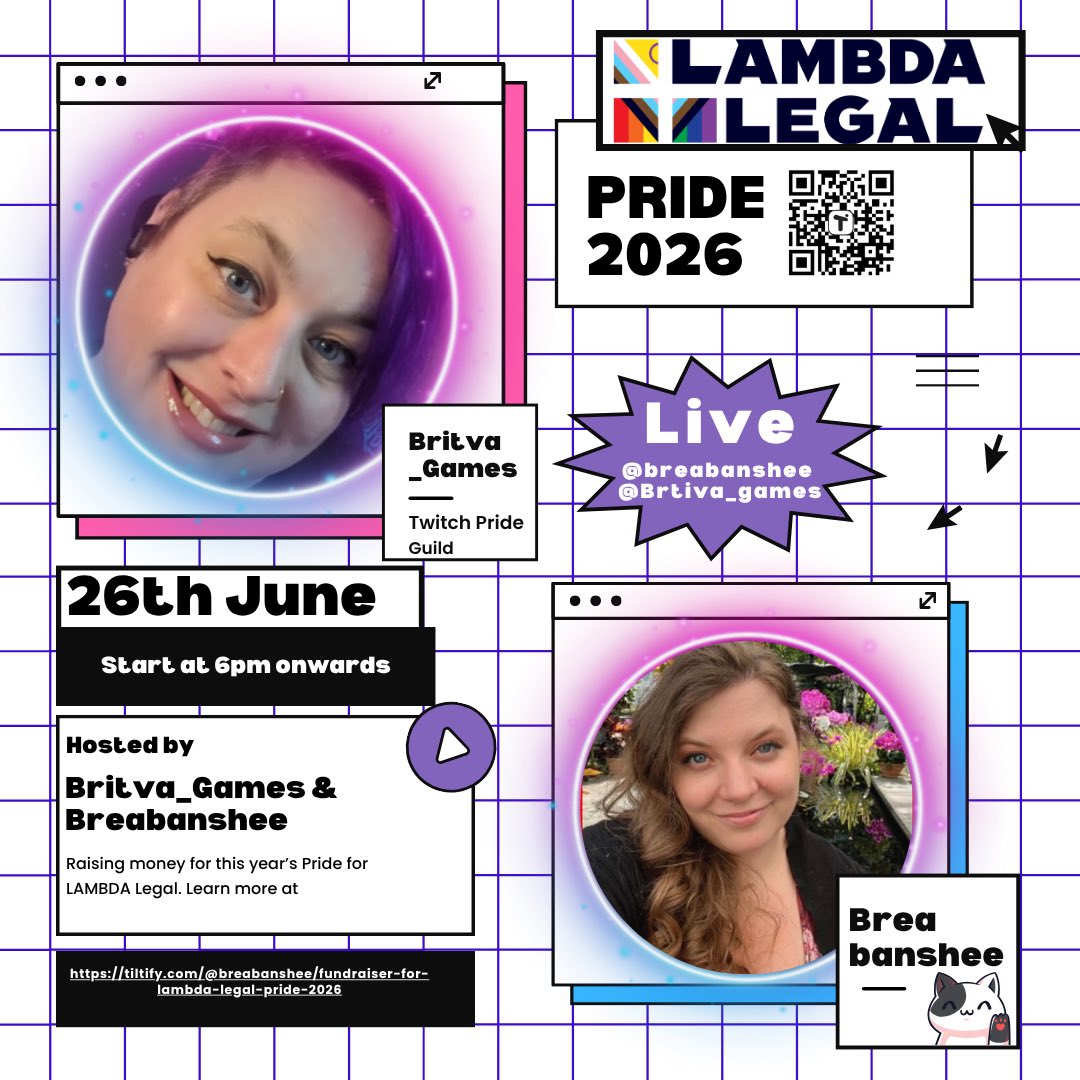 breabanshee's tweet photo. Britva Games and I are doing a charity stream this coming Friday (the 26th of June) in support of Lambda Legal for Pride 2026! Mark your calendars and come hang out with us on that day! https://t.co/T2f1g7tNLn