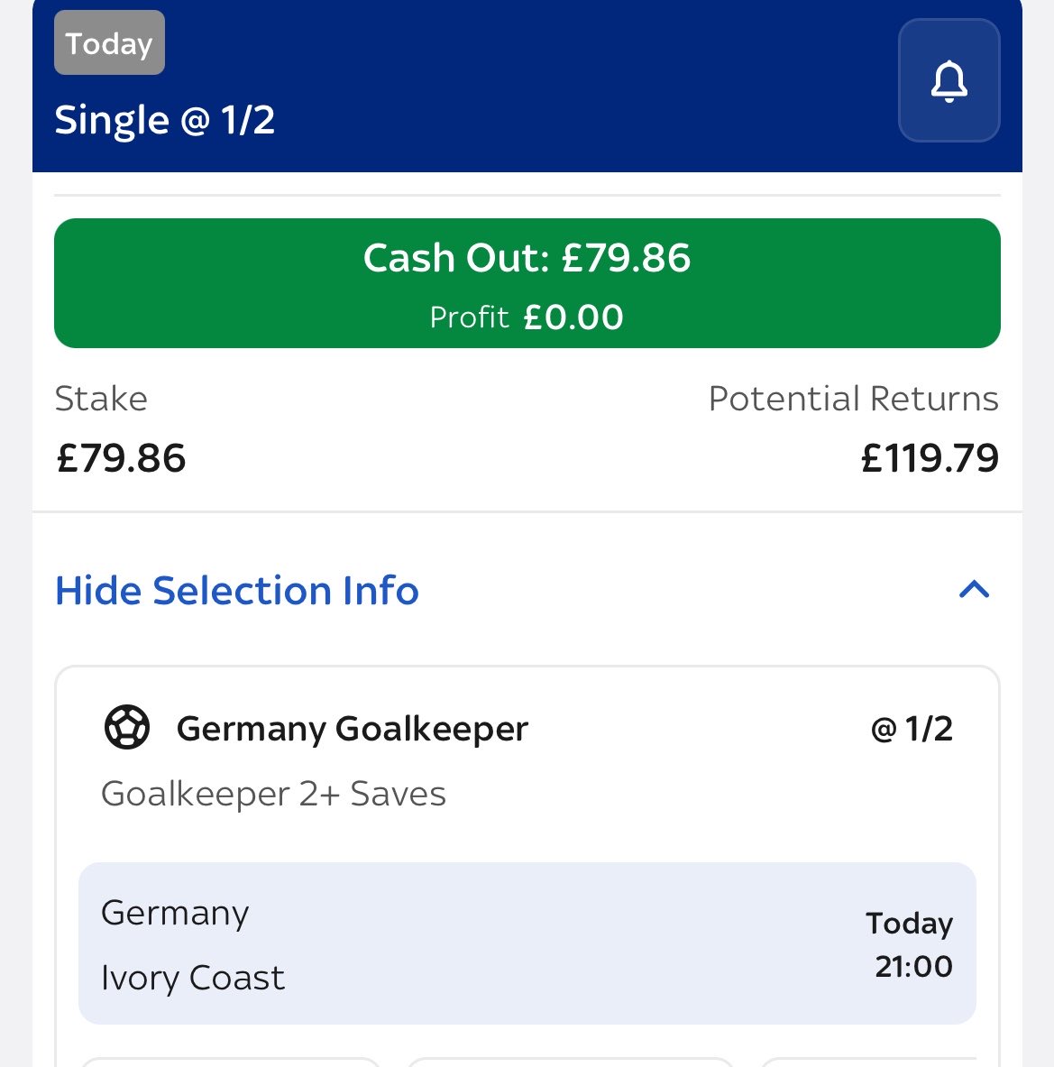 PBsportstips's tweet photo. Bet 4 of the £20-£500 train 

Germany vs Ivory Coast 

Germany 🇩🇪 goalkeeper to make 2+ saves 1/2

Bet 1 £20 - £34.55 ✅ 
Bet 2 £34.55 - 49.91 ✅ 
Bet 3 £49 .91 - £79.86 ✅ 
Bet 4  £79.86 - £119.79 👀 

#GermanyVsIvoryCoast https://t.co/oIipk5PpsO
