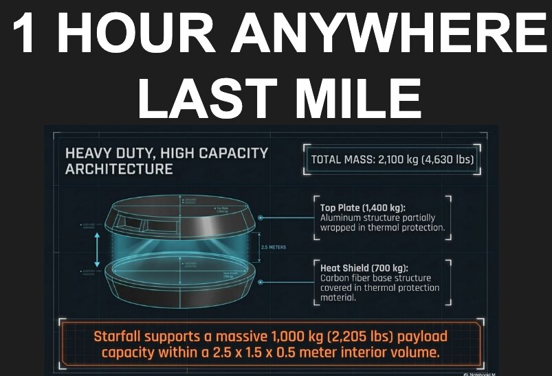 nextbigfuture's tweet photo. LAST MILE OF SPACE DELIVERY SPACEX STARFALL 3 DAYS 

SpaceX will be proving out a key part of delivery from space or anywhere on earth in  one hour anywhere. Starship flying then eject Starfalls. 50-100 per Starship. Reusable system delivers anywhere. No launch tower and no drone ship needed. Can also deliver people (military commandos first).

@FutureJurvetson @chamath @friedberg @DavidSacks @Jason 
Two of the last few pieces have been proven by SpaceX.  Reusable orbital heat shield is on Starship. Precision parachute from a space mission is the recovery of fairings. Low cost mass manufacturing of heat shield and precision parachutes is a SpaceX speciality. Heat shields and parachutes have been used for 65 years for returning cargo and people. They have been the primary method. 

$SPCX @SpaceX will bring low cost, mass scale and new business models.  One hour anywhere the issue preventing scale was how do we get enough mechazilla launch towers to receive the goods or the drone ships for a catch or recovery.  Starfall means no infrastructure will be needed on the receiving end. Initially a ship will recover. We have used heat shield and parachutes to deliver payloads on land from orbit. Cold thrusters with parachutes can enable precision soft landings anywhere.  Cold thrusters with precision flying and landing will be proven with Tesla Roadsters.