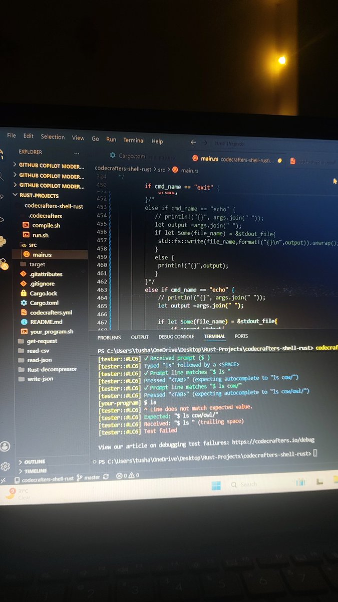 Tushar_434's tweet photo. Tried everything but still failed test cases 😭😭 spent more than 2 hours  on a single problem @codecraftersio  
If anyone can help pleasehttps://github.com/tushar434434/codecrafters-shell-rust https://t.co/ctCt3xZMOI