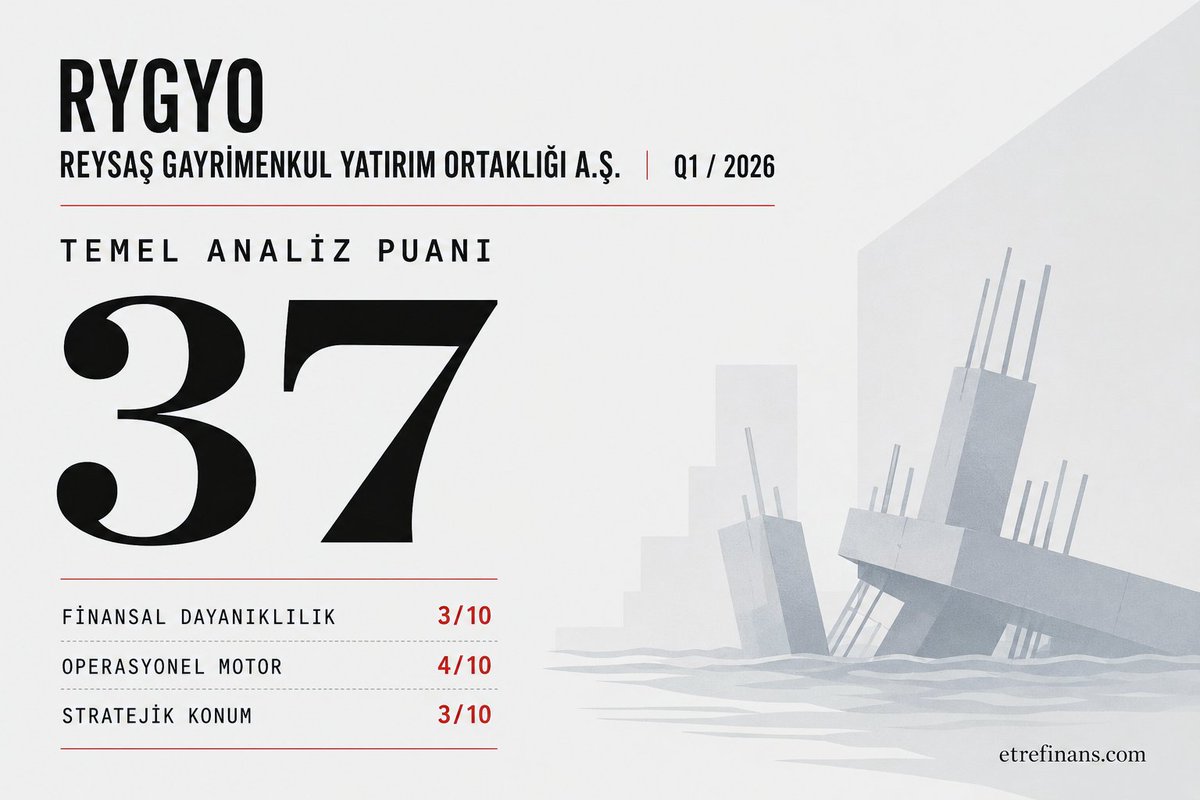 etrefinans's tweet photo. RYGYO bilançosuna 100 üzerinden 37 puan verdim çünkü kâğıt üzerindeki aktif büyümesi, hissedar değerine dönüşmeyen toksik bir sarmal yaratıyor. Devasa gayrimenkul kütlesi sermaye maliyetinin çok altında bir getiri üreterek sermaye yakarken, üretilen kısıtlı nakit de avanslar yoluyla ilişkili grup şirketlerine kanalize ediliyor.

Şirkete en düşük notları nakit üretimi, bilanço sağlamlığı ve risk profili kategorilerinde verdim. Kısa vadeli nakit açığının 2 milyar TL'yi aştığı bir ortamda, Özelleştirme İdaresi'ne ödenecek yeni arsa bedelleri likiditeyi tamamen boğma potansiyeli taşıyor. Temettü ödememekte direnen yönetimin, yeni vergi düzenlemelerinin getirdiği kâr dağıtım zorunluluğuna karşı kurumlar vergisi ödemeyi tercih etmesi, şirketin azınlık paydaşlarla değeri paylaşma niyetinde olmadığını netleştiriyor.

Zamanın yatırımcı aleyhine işlediği bu bilançodaki denetçi krizini, Egemence İnşaat sızıntısını ve değer tuzağının tüm detaylarını sitedeki stratejik analizde adım adım deşifre ettim.

Okumak için: https://t.co/QmifCxTvJu