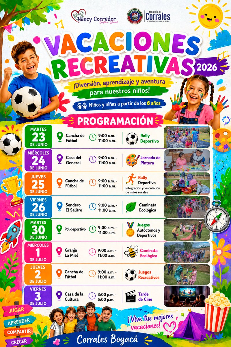 corralesboyaca's tweet photo. 🌞 VACACIONES RECREATIVAS 2026 🌞

¡Diversión, aprendizaje y aventura para nuestros niños y niñas a partir de los 6 años! 💙

📅 Programación especial:

✨ JUGAR, APRENDER, COMPARTIR, CRECER

¡Vive tus mejores vacaciones en Corrales, Boyacá! 💙

https://t.co/cvxTht3Q0j https://t.co/3y8hGfeI3o