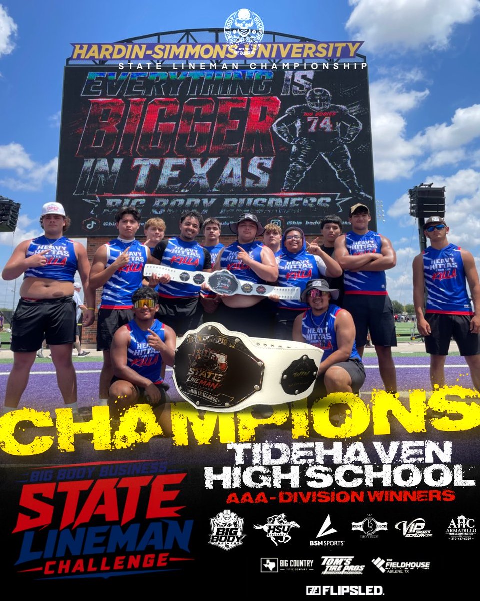BurlesonHSU's tweet photo. Big Body Business / HSU 2026 STATE CHAMPIONSHIP LINEMAN CHALLENGE 
3A State CHAMPIONS Tidehaven Tigers @RollTideTigers Congratulations on your State Championship @BigBodyBusines1 @HSUCowboys @HSUAthletics  #BigBodyBusiness #GiveEmTheBusiness #BigBodies @TheFlipSled https://t.co/pOEMwbcQ22