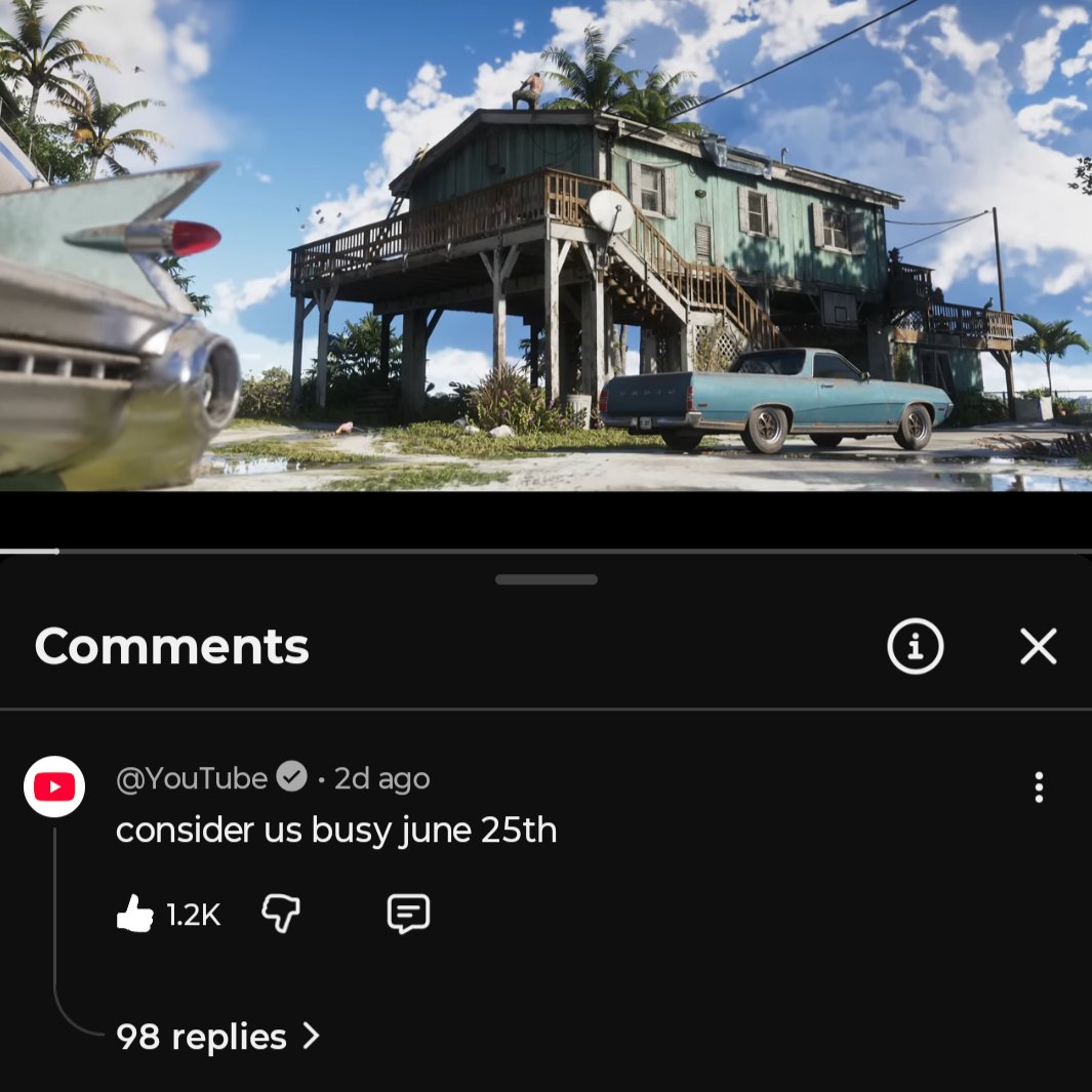 GTA6Alerts's tweet photo. Seems like YouTube knows that their server is going to break on June 25 when GTA 6 Trailer 3 drops along with a link to pre-order. 😭 https://t.co/rLXsvb57RC